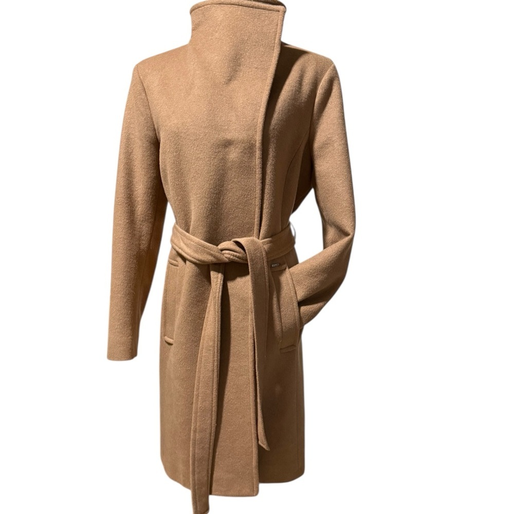 Michael Kors Camel Coat Wool Blend Classic Silhouette Lined Pockets Size Large